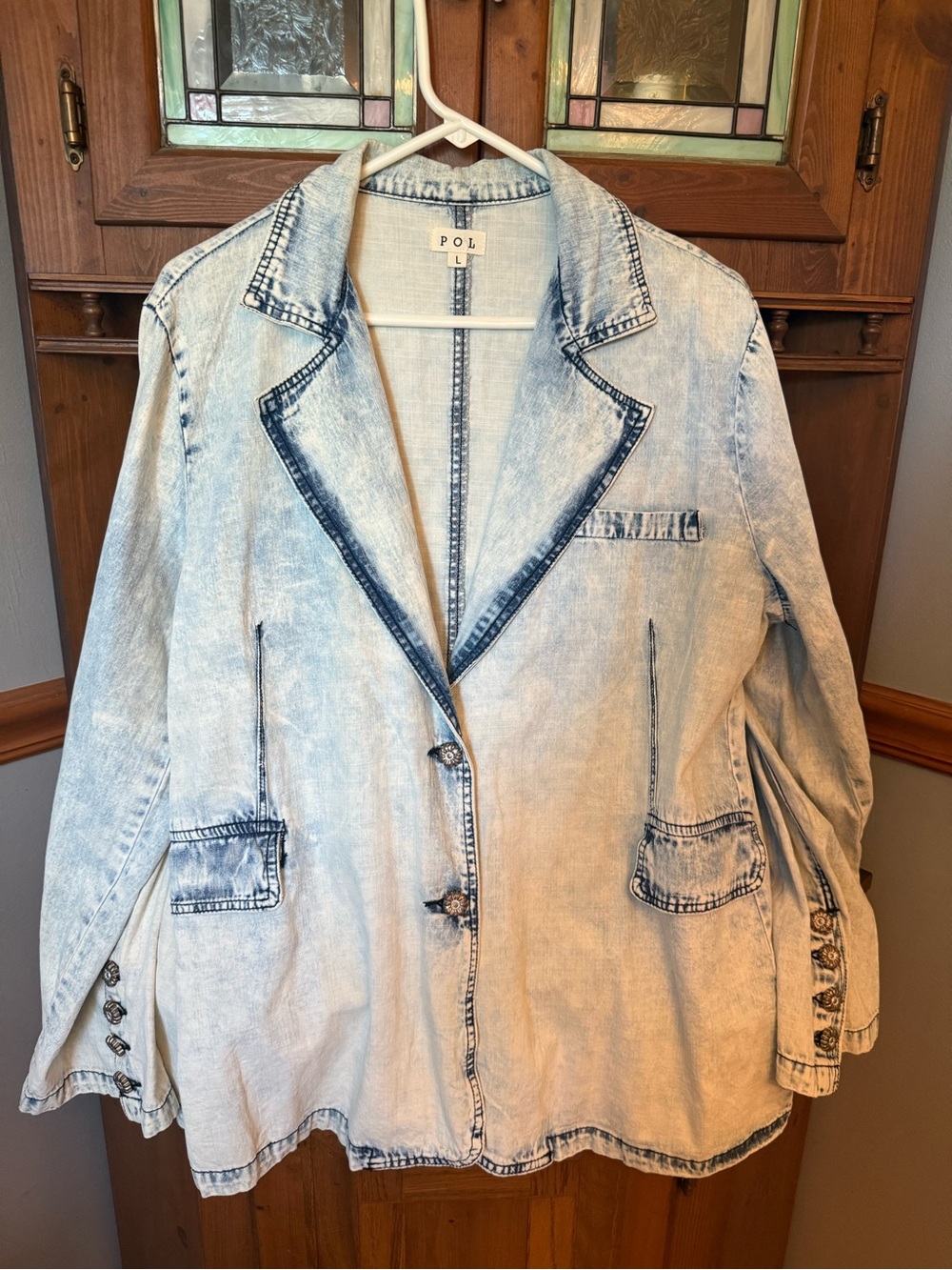 POL 100% cotton Light Acid-Wash Denim relaxed-fit blazer L